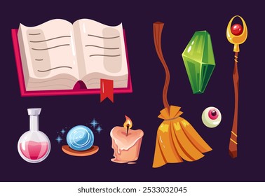 Witch mágico cristal desenho animado jogo bruxaria elemento isolado conjunto. Ilustração de design gráfico vetorial