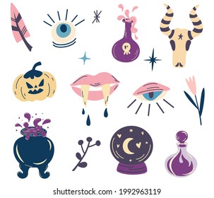 Witch magic design collection. Set of elements for Halloween. Party invitation. For tattoo, textile, cards. Witch's Cauldron, Potions, Vampire fangs, pumpkin, Eyes. Vector cartoon illustration