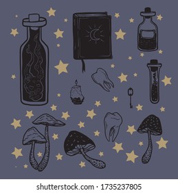 Witch magic design elements collection. Cute hand drawn, doodle, sketch magician set. Witchcraft symbols: potion, bottles, candles, mushrooms. Vector. For tattoo, textile, cards, Halloween decor