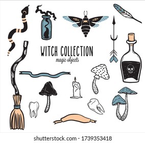 Witch magic design elements collection. Cute hand drawn, doodle, sketch magician set. Witchcraft symbols: potion, bottles, candles, mushrooms. Vector. For tattoo, textile, cards, Halloween decor