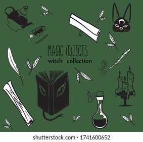 Witch magic design elements collection. Cute hand drawn, doodle, sketch magician set. Witchcraft symbols: potion, bottles, candles, magic book. Vector. For tattoo, textile, cards, Halloween decor
