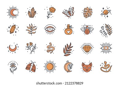 Witch magic design vector elements set. Witchcraft symbols. Ideal for tattoo, textile, cards, mystery. Hand drawn collection, doodle, magician sketch.