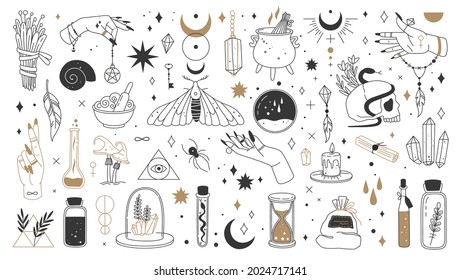 Witch Magic Elements, Mystic Boho Witchcraft Logo. Alchemy, Occult Tarot Card Magical Esoteric Symbols Crystal, Moon, Star, Hands Vector Set. Potion Making For Witchcraft And Skull With Snake