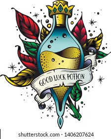 Witch and magic flask potion with crown,branches with leaves, decorative tape for your inscription.Vector illustration.Line art potion of good luck.Oldschool newschool vintage good luck tattoo sketch.