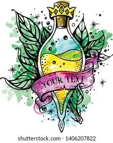 Witch and magic flask potion with crown,branches with leaves, decorative tape for your inscription.Vector illustration.Line art potion of good luck.Oldschool newschool vintage good luck tattoo sketch.