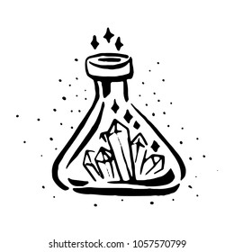 Witch and magic flask potion with crystals item illustration