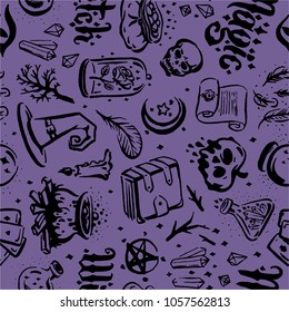 Witch and magic item illustration seamless pattern