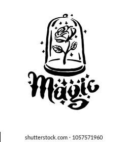 Witch and magic item rose in a flask
 illustration with lettering