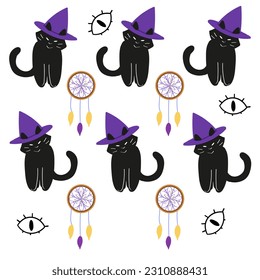 Witch Magic, Mystical y Astrologic objetos símbolos Objetos minimalistas Ilustraciones vectoriales con gatos en diferentes poses