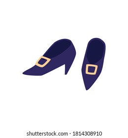 Witch magic pointy shoes or boots with buckles, flat vector illustration isolated on white background. Cartoon icon for Halloween greeting and invitation cards.