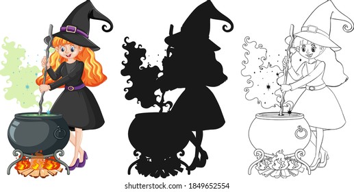 Witch with magic pot in color and outline and silhouette cartoon character isolated on white background illustration