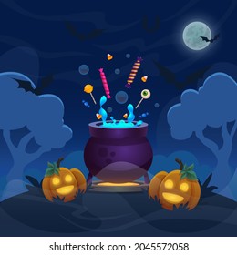 Witch magic pot on hill forest. Cartoon halloween illustration with pumpkins of banner. Fullmoon night sky with flying bats.