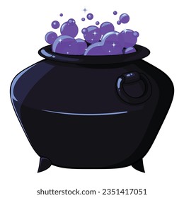 Witch magic pot. Shiny blue bubbles. Vector object for casual mobile children game, Halloween post card, poster. 