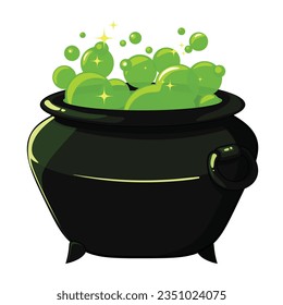 Witch magic pot. Shiny green bubbles. Vector object for casual mobile children game, Halloween post card, poster. 