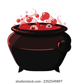 Witch magic pot. Shiny red bubbles. Vector object for casual mobile children game, Halloween post card, poster. 