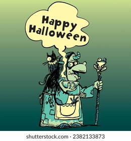 witch with a magic potion in a bowl and a cat on her back