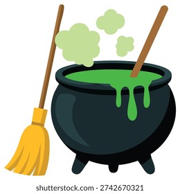 Witch magic potion cauldron with green elixir and wooden broom Halloween decoration isolated vector illustration on white background