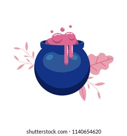 Witch magic potion in cauldron isolated on white background with decoration - sorcery pink liquid with bubbles and splashes in deep blue boiler for halloween design in flat style, vector illustration.