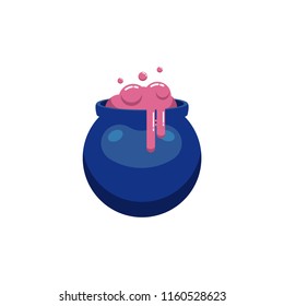 Witch magic potion in cauldron isolated on white background - decorative element of sorcery pink liquid in deep blue boiler for halloween design in flat style, vector illustration.