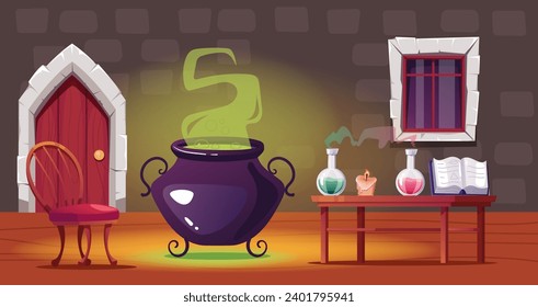 Witch magic room interior house witchcraft furniture concept. Vector flat graphic design illustration 
