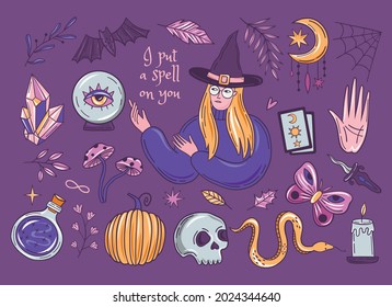 Witch magic set. Hand drawn witchcraft elements collection