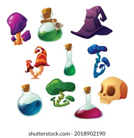 Witch magic stuff and potion ingredients collection. Magic laboratory and Halloween spooky items set, flat vector illustration isolated on white background.