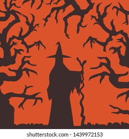 Witch with magic stuff standing in scary dark haunted forest with dead trees on orange background. Halloween party greeting card or poster with wicked sorceress silhouette, witch's hat and stick.