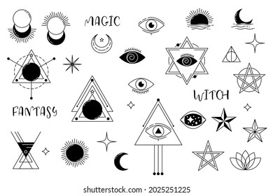 Witch and magic symbols collection: eye, moon, sun, triangle, pentagram 