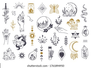 Witch magic symbols. Doodle esoteric, boho mystical hand drawn elements, magic witchcraft crystal, eyes, moon vector illustration icons set. Tattoo alchemy and esoteric, witchcraft magician