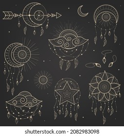 Símbolos mágicos brutales. Doodle esotérico, boho místico elementos dibujados a mano. Magia y brujería, alquimia esotérica de brujas.