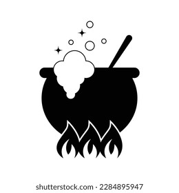 Witch and magic symbols, Witches black cauldron with boiling magic potion isolated on white background. Vector illustration 