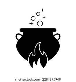 Witch and magic symbols, Witches black cauldron with boiling magic potion isolated on white background. Vector illustration 
