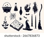 Witch magic tools vector set with hand drawn witch silhouette, broom, potion bottle, spell book, toadstools, cauldron, mortar and pestle, and herbs for Halloween and mystical projects