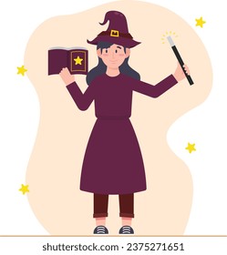 Witch with magic wand and book. Vector illustration in flat style