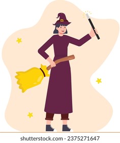 Witch with a magic wand and a broomstick. Flat vector illustration.