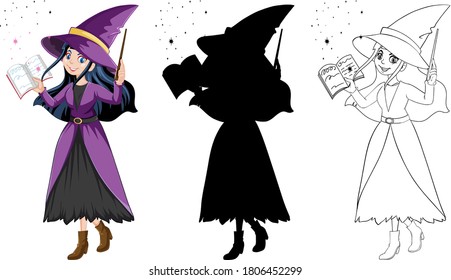 Witch with magic wand in color and outline and silhouette cartoon character isolated on white background illustration