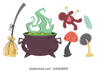 conjunto de colección de ilustraciones de elementos del estilo de doodle del asistente de brujería mágica de brujería