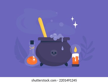 Witch magical cauldron with poisonous potion. Bottle of toxic orange elixir. Candle light.