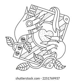 Witch magical spell book. Girl hands. Decorated with skulls and plants. Coloring page for kids and adults. Cartoon vector illustration. Black and white colors. Outlined hand drawn artwork. Isolated