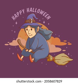 witch or magician flying with her broomstick. Happy halloween cute invitation, banner or poster