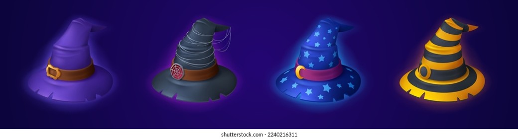 Witch and magician hats, Halloween party costume. Icons of magic wizard accessories, old pointed caps with buckles, yellow stripes, spiderweb and stars, vector cartoon illustration