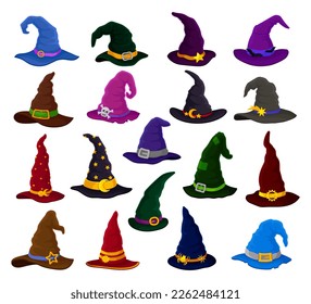 Witch, magician and wizard hats set. Halloween holiday, carnival symbols cartoon vector illustration