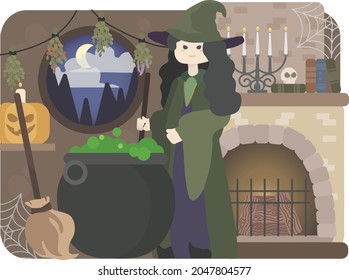A witch is making a magic potion in a cauldron in the middle of the house. Filled with wild herbs and antiques deep in the woods on Halloween night.