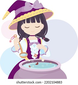Witch Making Magic Potion in Cauldron