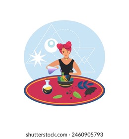 Witch making magic potion for witchcraft in mortar and pestle vector illustration