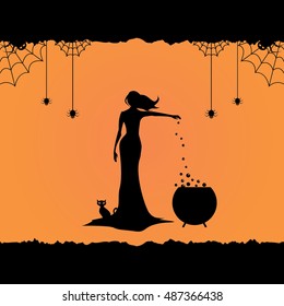 Witch making poison with cat and spiders, vector illustration, flat icon black and orange, Halloween, silhouette
