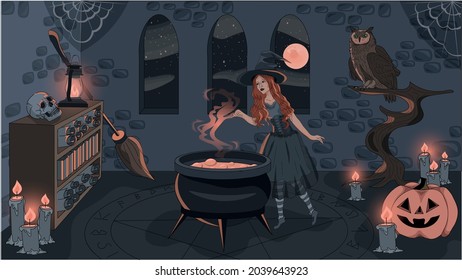 Witch making a potion in her castle to celebrate halloween. Pumpkin, candles, owl, skull, broomstick, lantern, some net and a lot of scrolls of parchment.