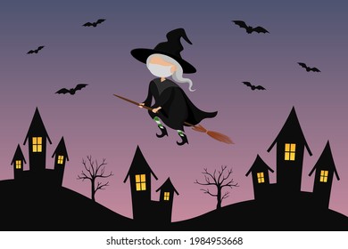 Witch in mask flying on broom over night town. Vector illustration.