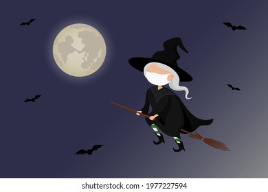 Witch in mask flying on broomstick. Full moon. Vector illustration.