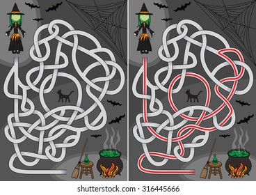 Witch maze for kids with a solution